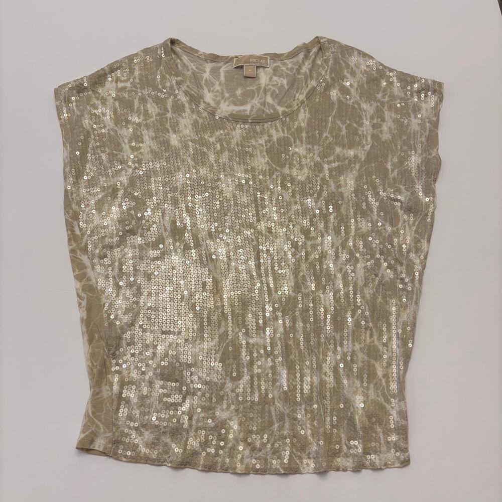 MICHAEL Michael Kors Womens M Sequin Top Beige Tie Dye Rayon Short Sleeve
